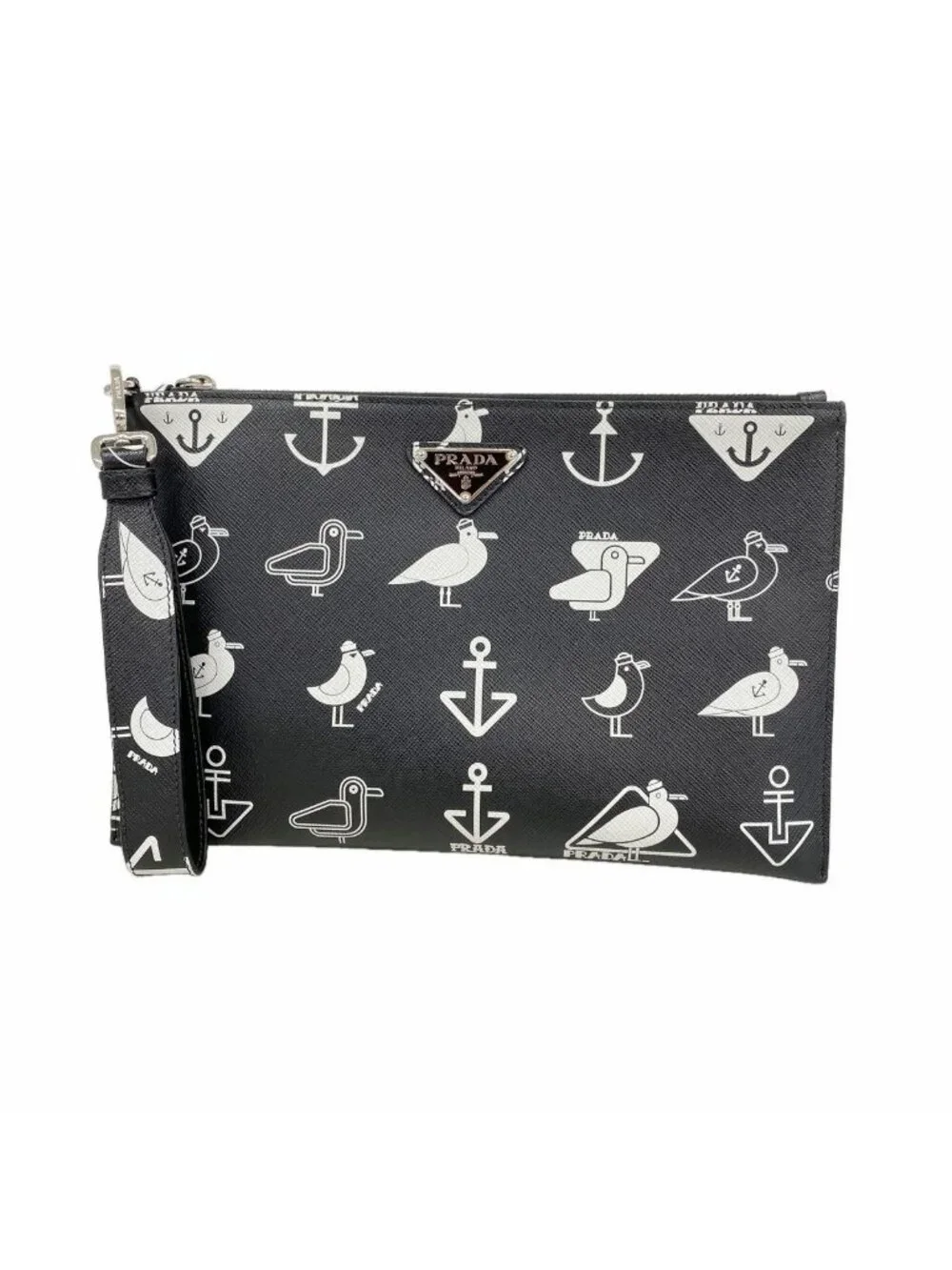 Prada Clutch Saffiano Seagull Leather Black Silver